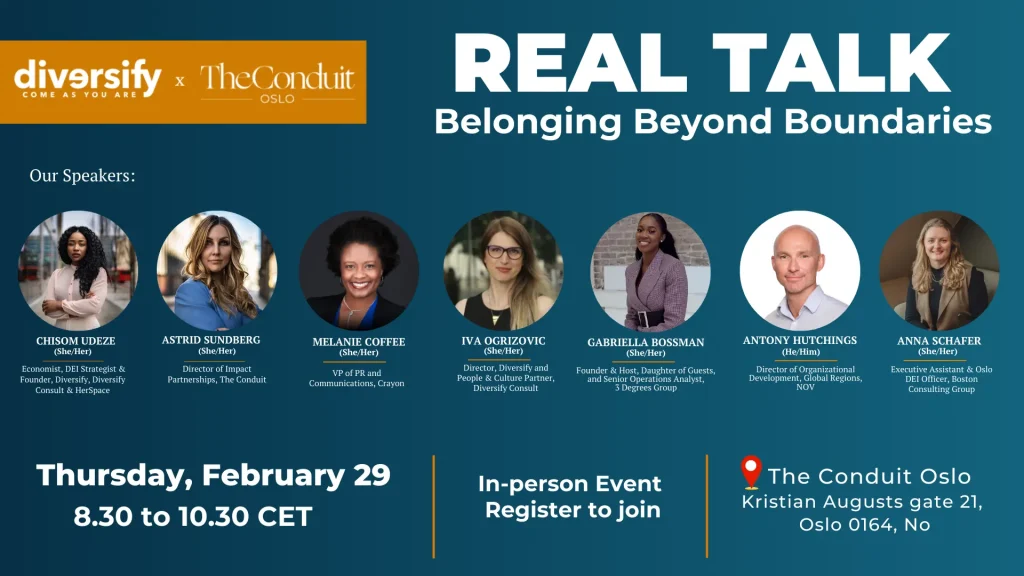 Blue poster for Real Talk with Chisom Udeze, Astrid Sundberg, and other speaker's headshots and job titles.
