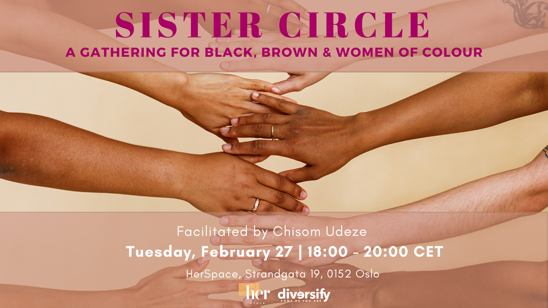 Poster for Sister Circle February 27 with pink text.