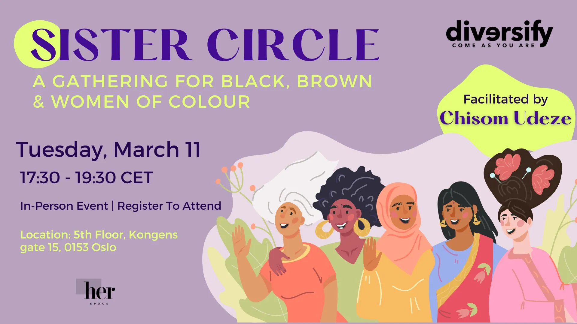 Sister Circle invite poster, with representational women illustration